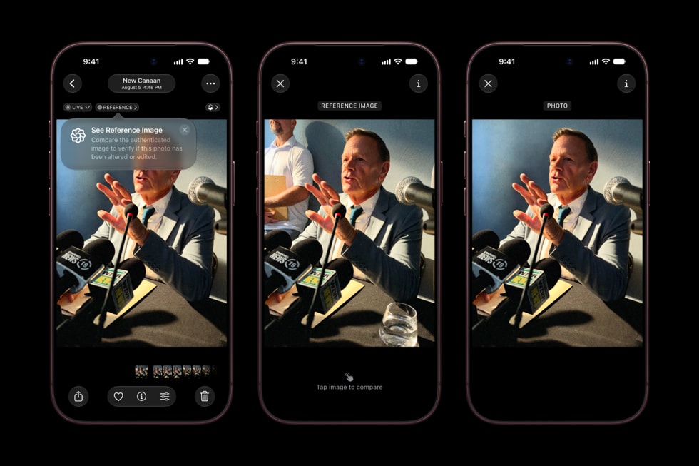 Tre iPhone 18 Pro-enheter viser et vanlig bilde og Apple Reference Image i Bilder-appen