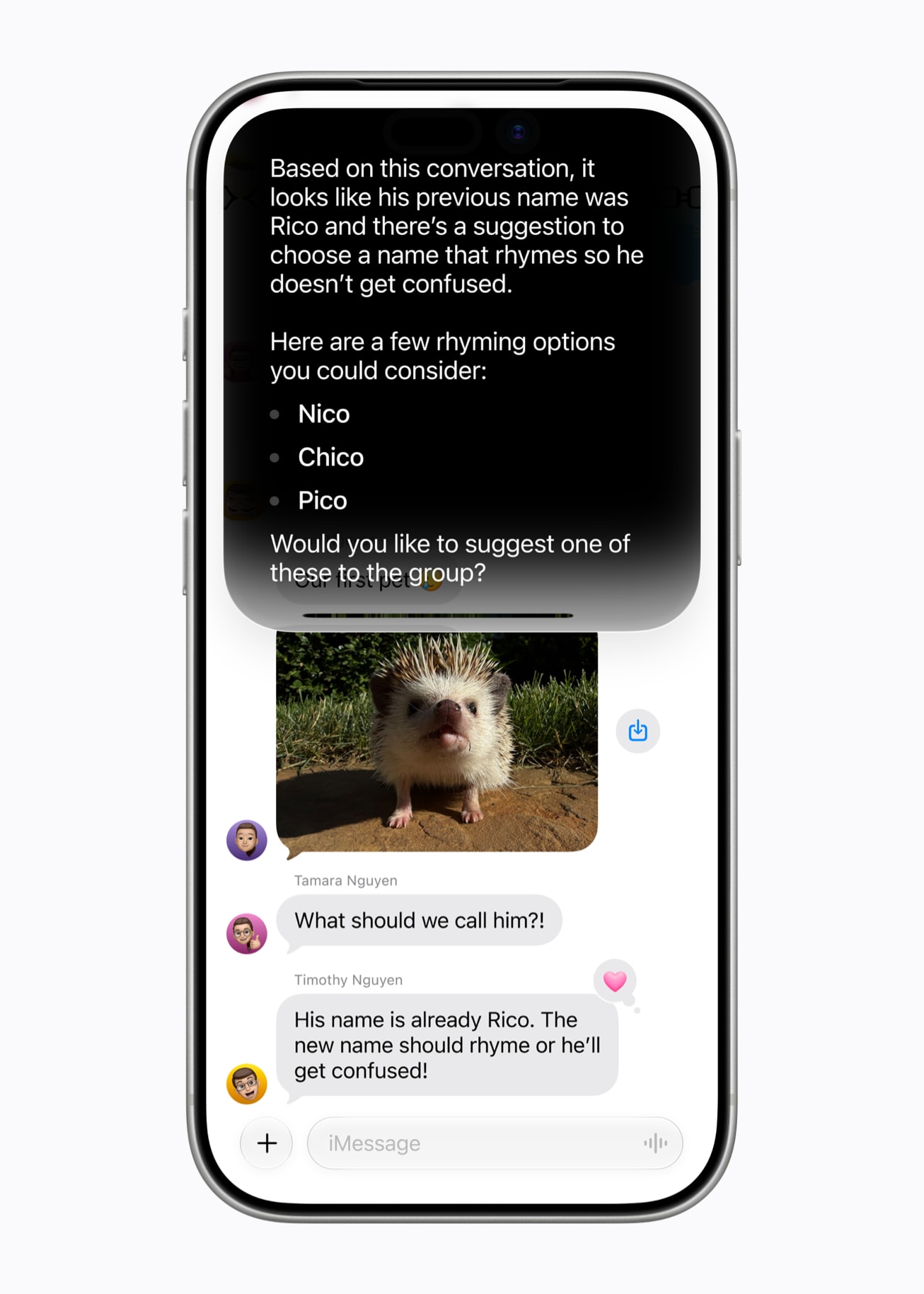 Siri AI bruker konteksten i en Meldinger-samtale til å foreslå navn på en venns nye kjæledyr.