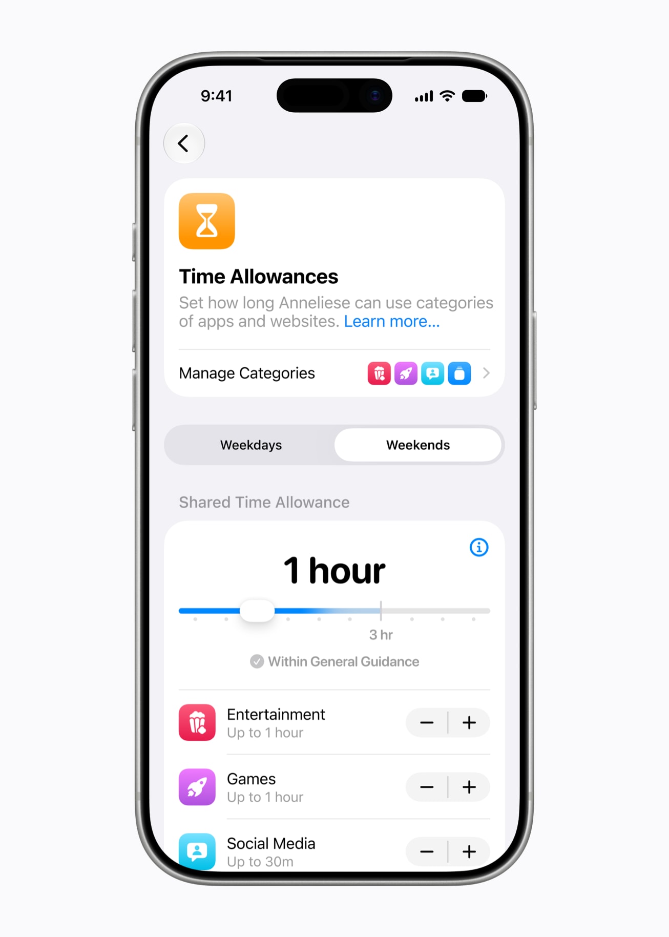 Tidsbegrensninger på en iPhone viser tidskvoter for underholdning, spill og sosiale medier.