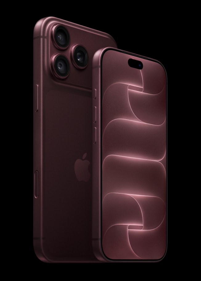 Burgunder iPhone 18 Pro sett forfra ved siden av iPhone 18 Pro Max sett bakfra
