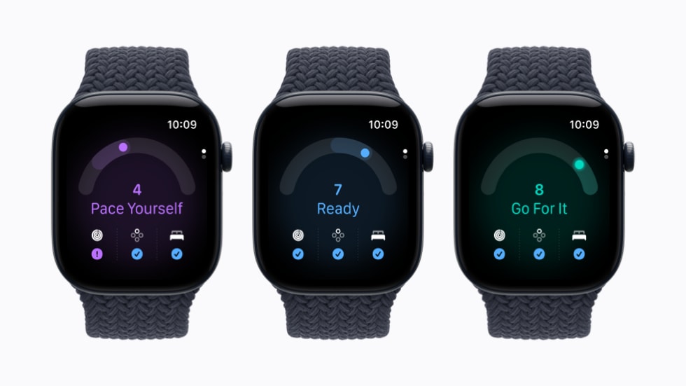 Tre Apple Watch Series 12 viser Kapasitet-vurderingene 4, 7 og 8 med anbefalingene Pace Yourself, Ready og Go For It