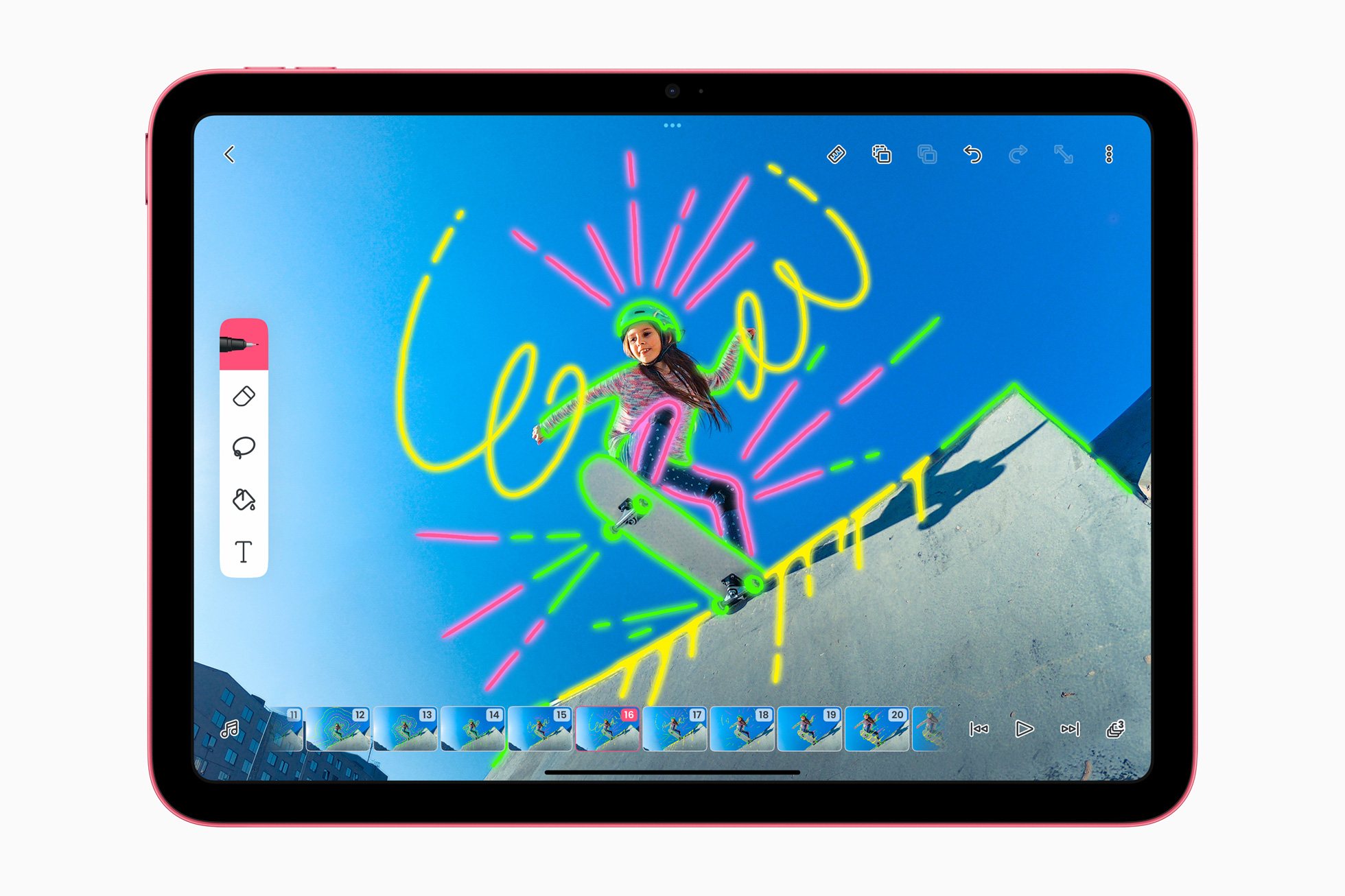Rosa iPad (10. generasjon) sett forfra, med et videoklipp redigert med fargerike streker i FlipaClip.