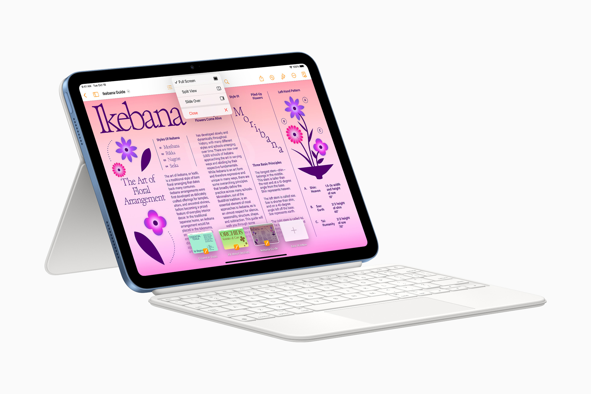 Blå iPad (10. generasjon) på en hvit Magic Keyboard Folio, med Apple Pencil foran skjermen og et dokument om ikebana åpent.