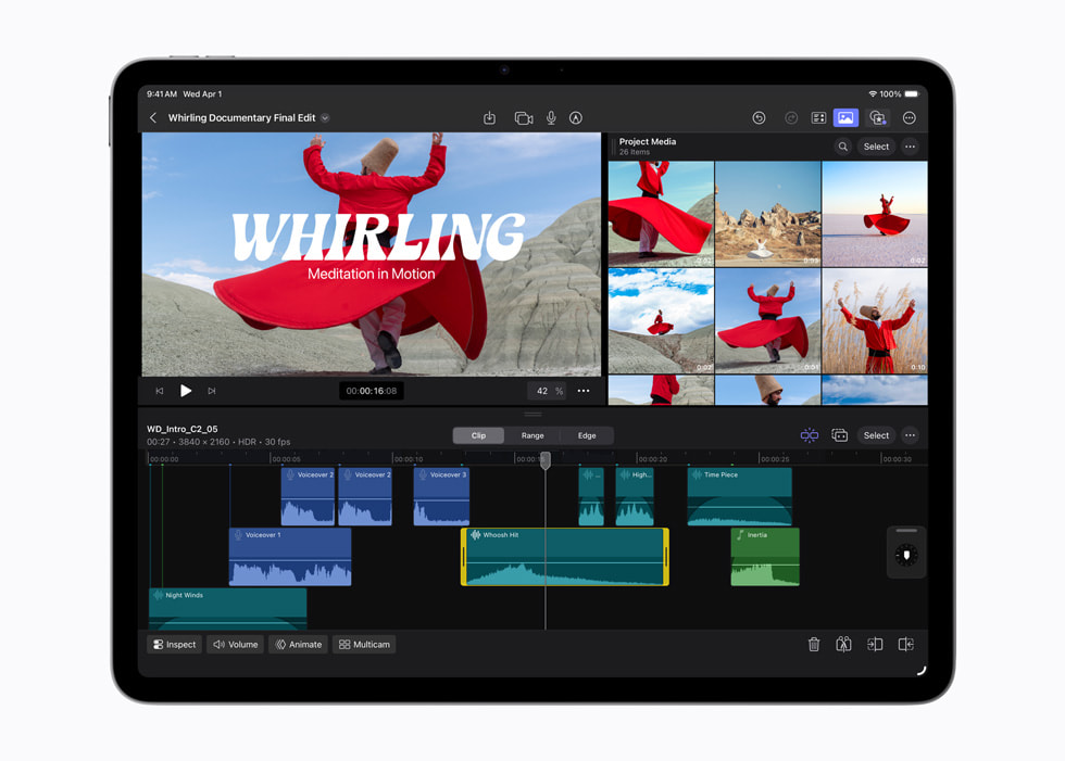 Final Cut Pro med videoforhåndsvisning, klipp og lydspor på iPad Air med M4