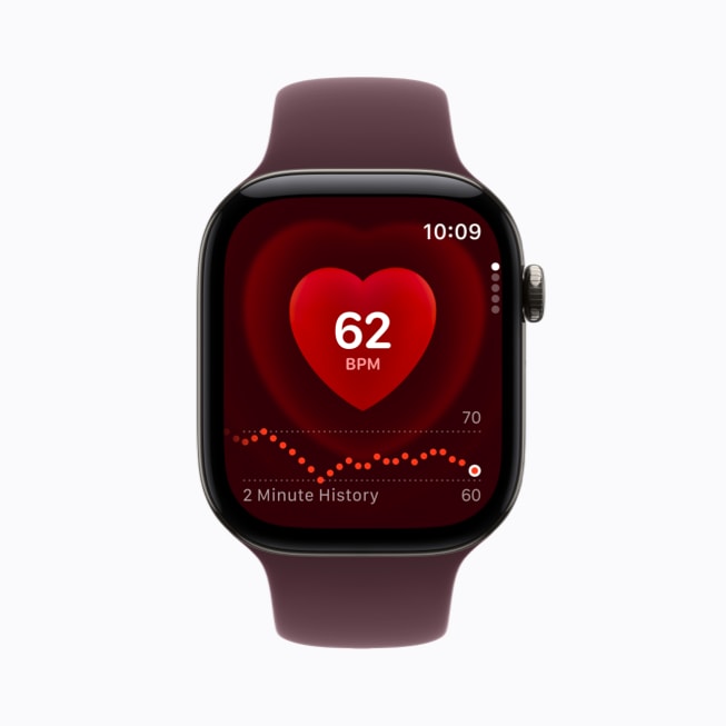 Apple Watch Series 12 viser Puls-appen med 62 slag i minuttet og historikk for de siste to minuttene