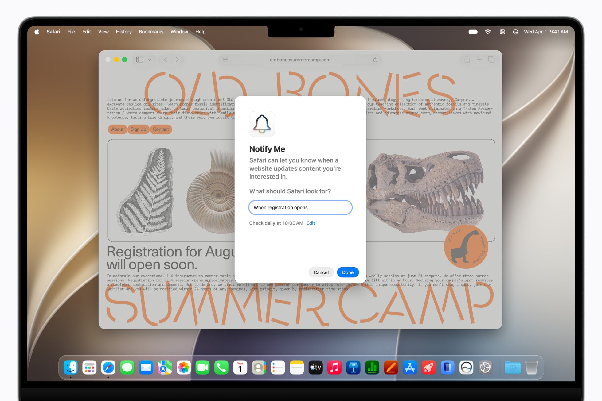 Safari-funksjonen Varsle meg er satt opp på en nettside på Mac.