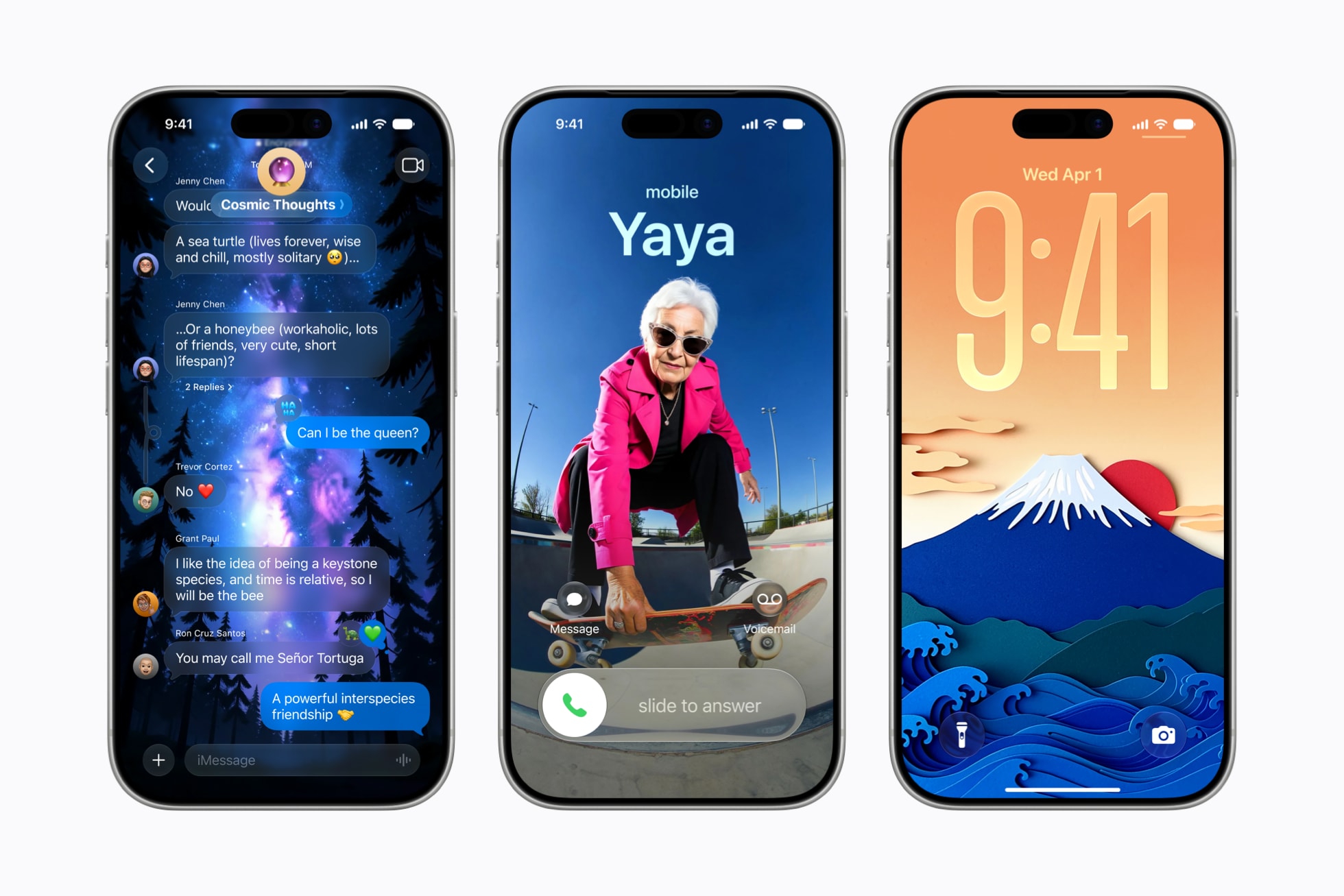Tre iPhone 17 Pro viser Image Playground i Meldinger, som kontaktplakat og som bakgrunn på låst skjerm.