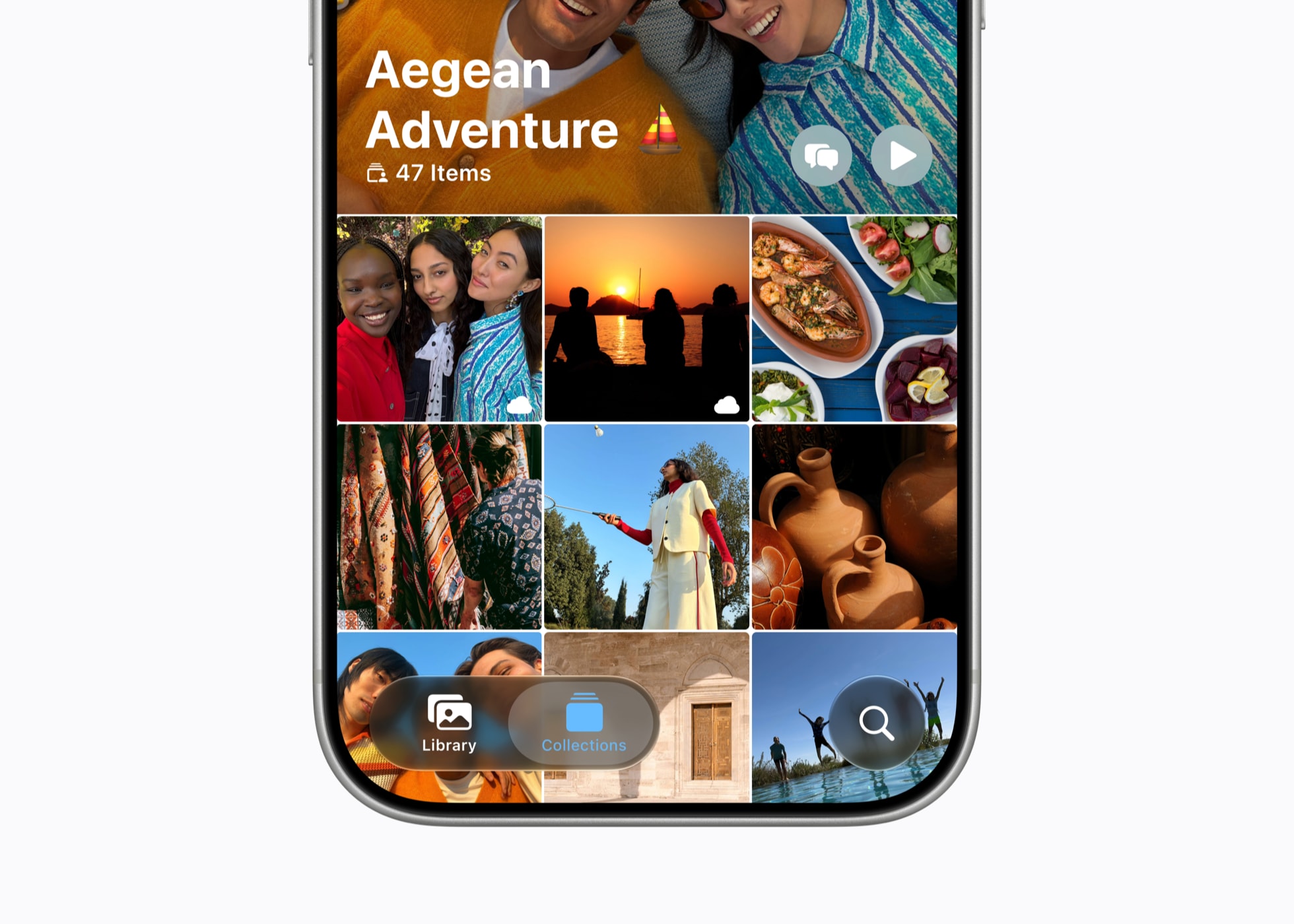 Et delt iCloud-album med reisebilder vises i Bilder på iPhone 17 Pro.