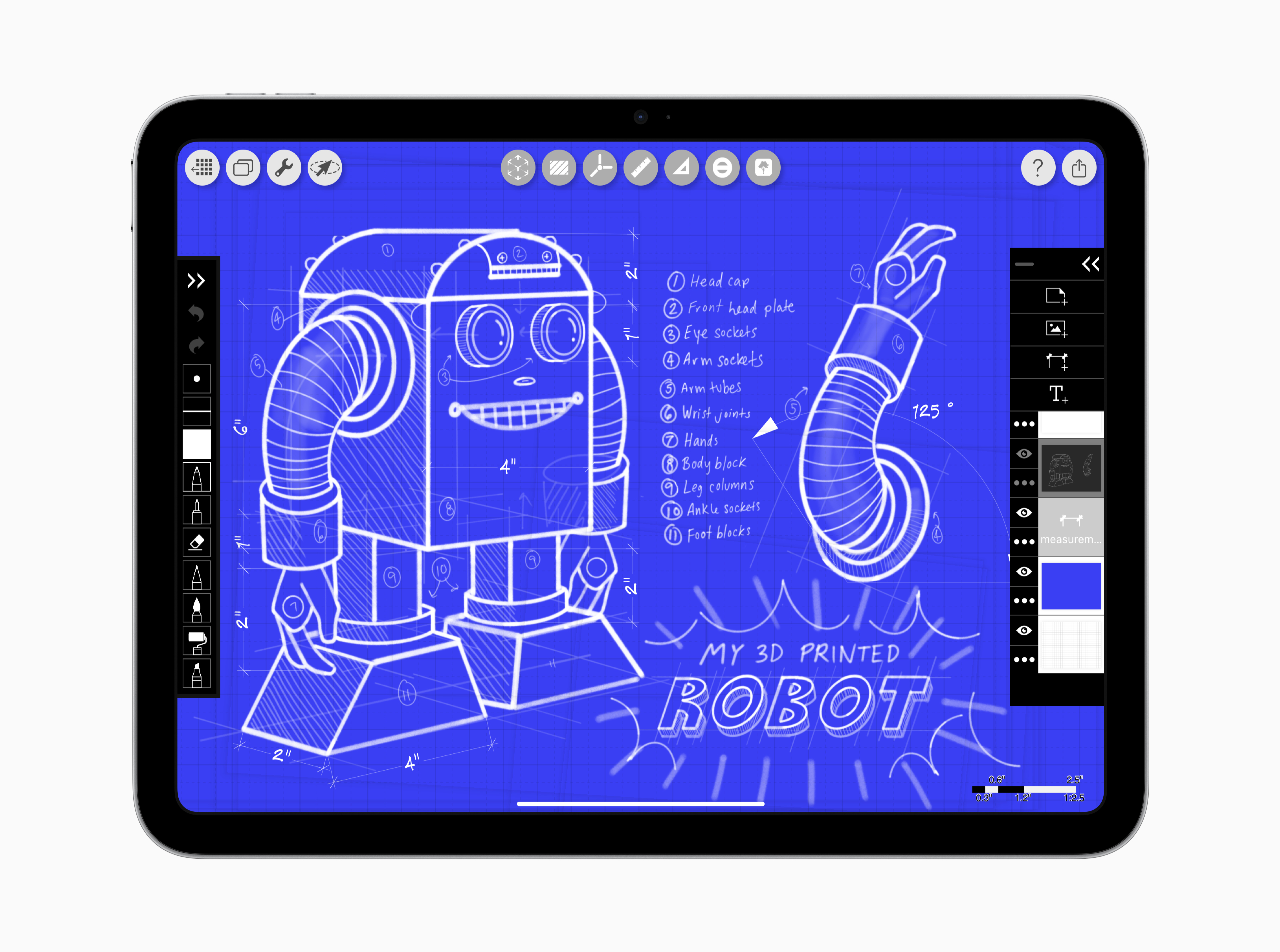 iPad (A16) sett forfra med en blå arbeidstegning av en robot i Morpholio Trace.