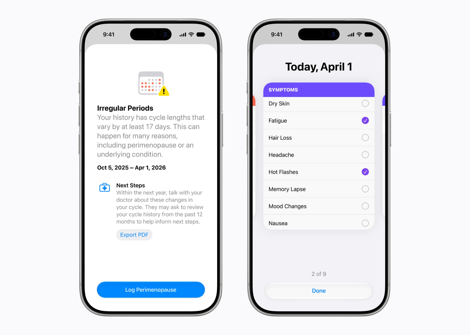 Syklus på to iPhone 17 Pro-enheter viser et varsel om syklusavvik og valg av symptomer.
