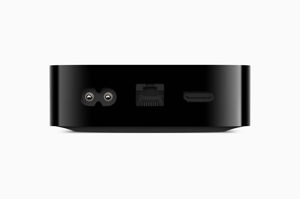 Baksiden av Apple TV 4K med strømtilkobling, Gigabit Ethernet og HDMI