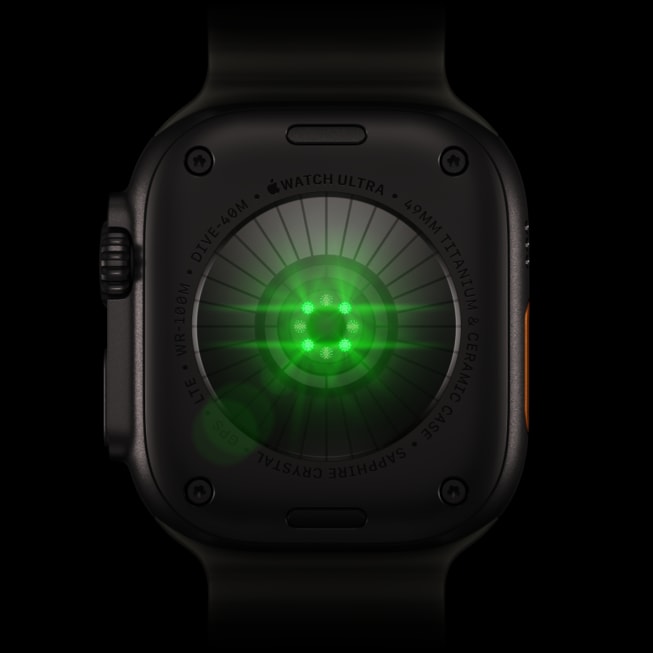 Baksiden av Apple Watch Ultra 4 med det optiske pulsmålersystemet