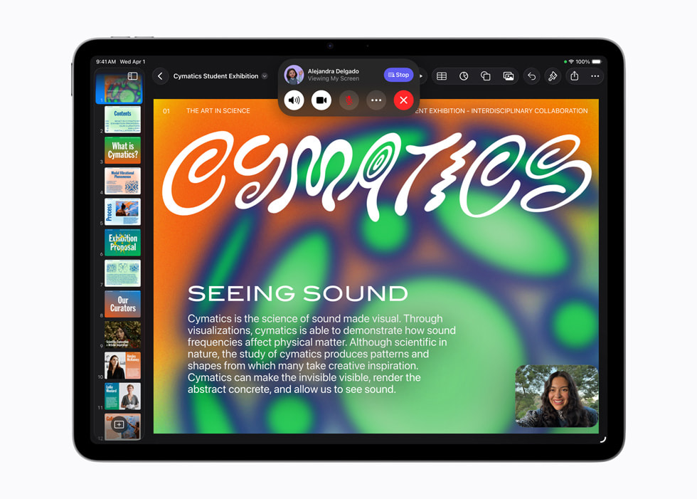 En Keynote-presentasjon deles i en videosamtale på iPad Air med M4