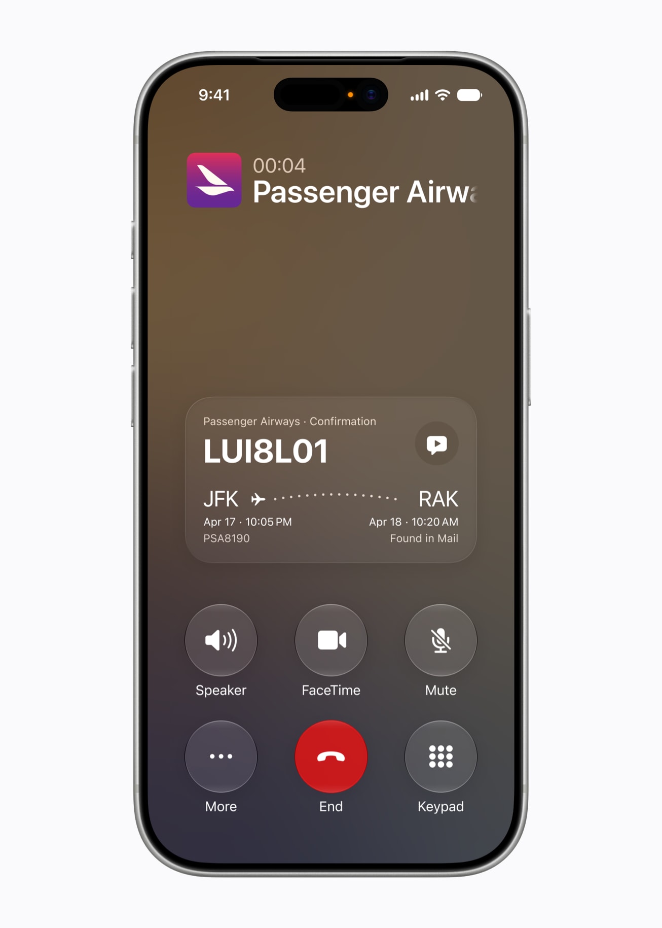 Samtalekontekst viser en flybekreftelse fra Mail under en telefonsamtale.